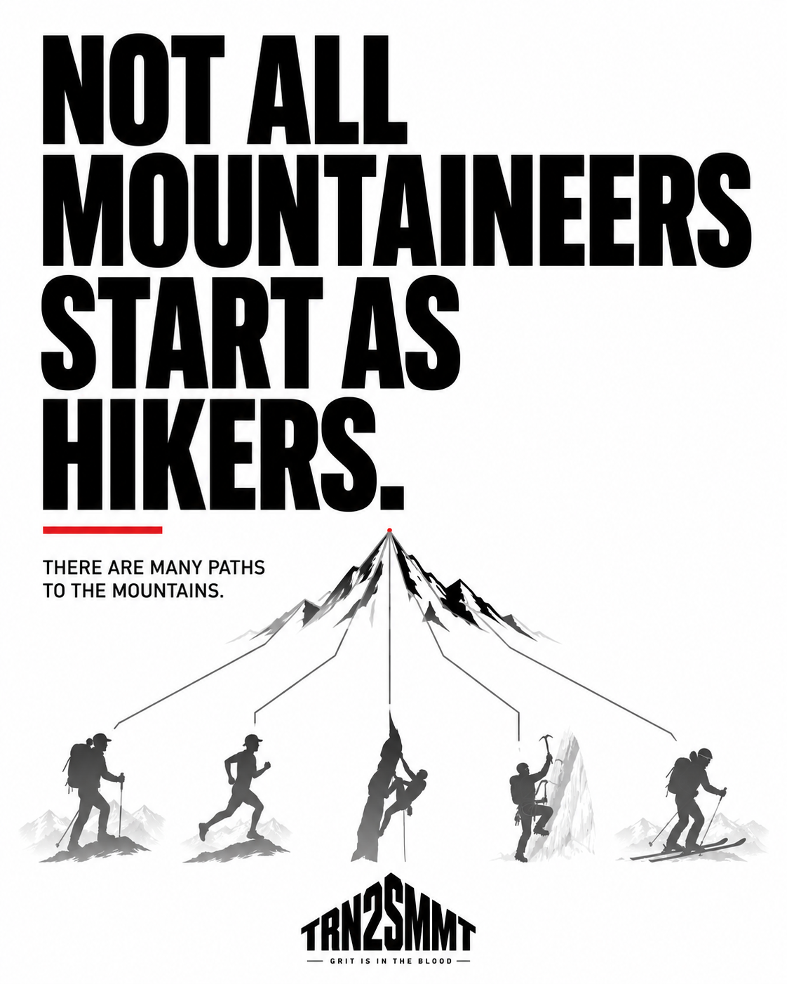Graphic showing five different paths to mountaineering beneath a mountain summit