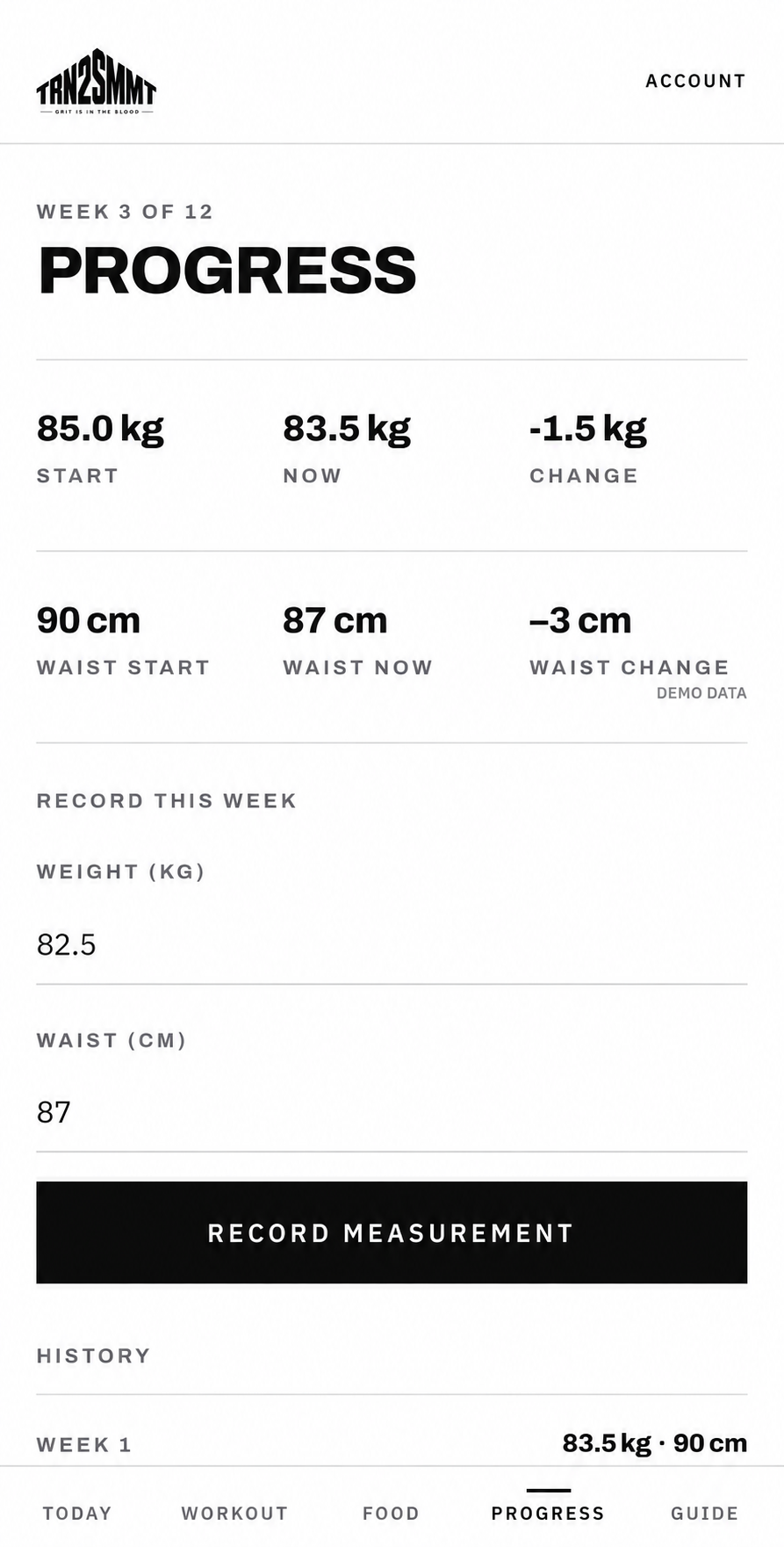 TRN2SMMT progress tracking screen with clearly marked demonstration weight and waist measurements